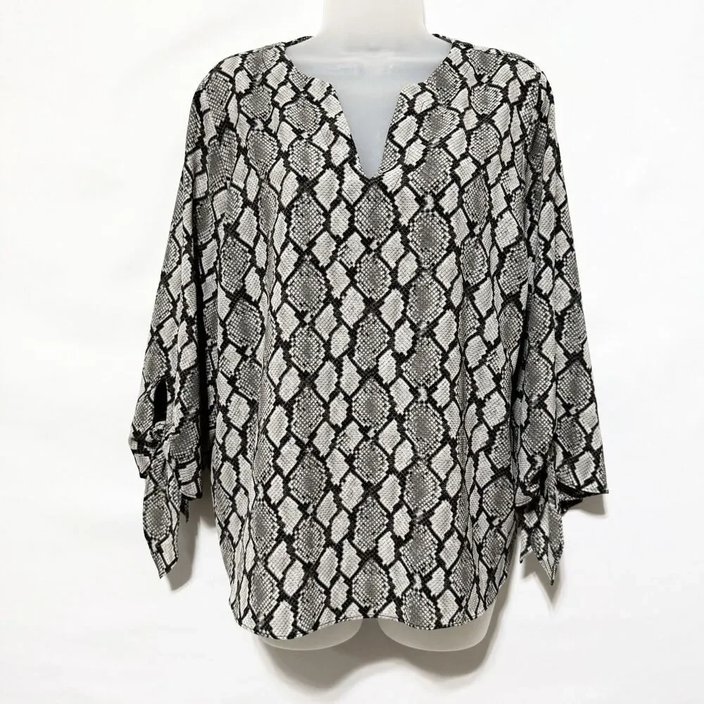Michael Kors Leopard Print Peasant Blouse Womens Large Tie Sleeve Animal Print